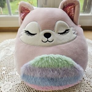 Squishmallows Alessi the Fox Pink and pastel rainbow on belly and tail